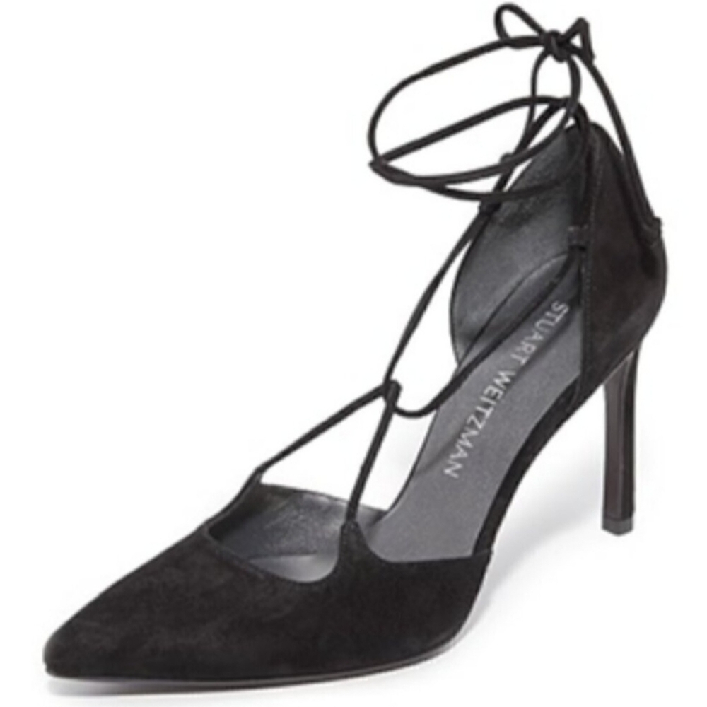 Stuart Weitzman on-a-string Black Suede tie up Lace Up pointed toe heels Size 6